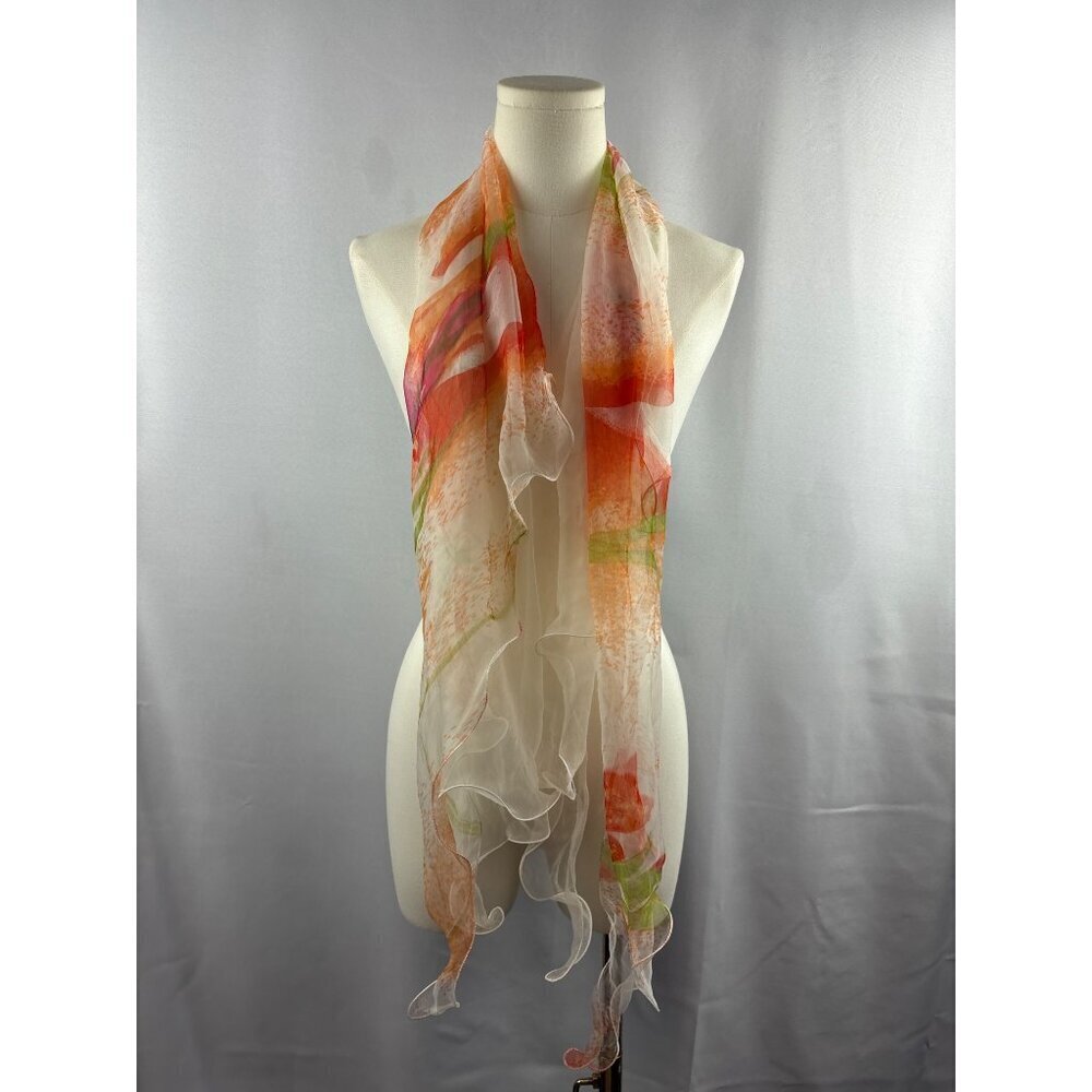 Women’s 100% Silk Orange, White, & Green Ruffled Scarf